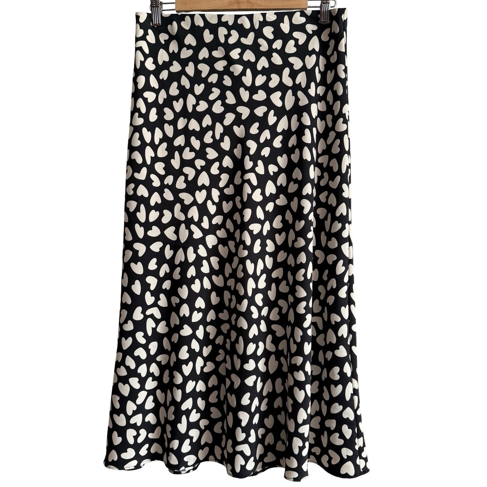 Ann Taylor Black White Heart Print Midi Skirt Elastic Waist Lined Offie Work M